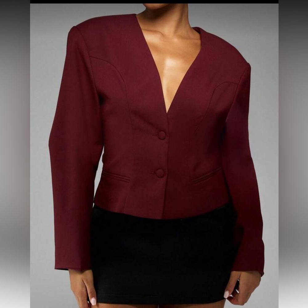 V neck burgundy maroon button front collarless blazer cardigan puff sleeve - Picture 5 of 5